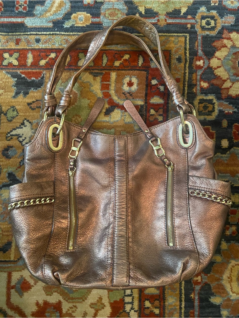 b. makowsky Metallic Bronze Shoulder Tote with Chain Trim